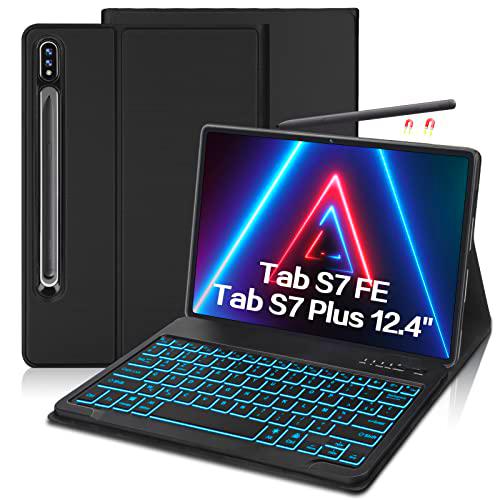 Funda Teclado para Samsung Galaxy Tab S7 FE/ S7 Plus/S7+ 12.4&quot; SM-T970/T975/T976 Funda Delgada Retroiluminación Bluetooth Francesa [AZERTY] Teclado