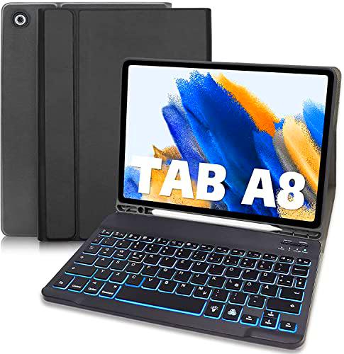 YUEJIDZ Funda Teclado para Samsung Galaxy Tab A8 10.5&quot; 2021 Modelo SM-X200/X205/X207 Slim Stand Cover Magnética Desmontable Teclado Inalámbrico Retroiluminado (German Layout) Negro