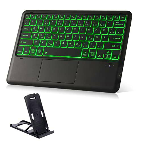 KOOCHUWAH K12 Teclado Bluetooth con Touchpad iluminado QWERTZ recargable teclado inalámbrico funda compatibilidad 9-10.5 pulgadas tabletas con Windows/Android/iOS