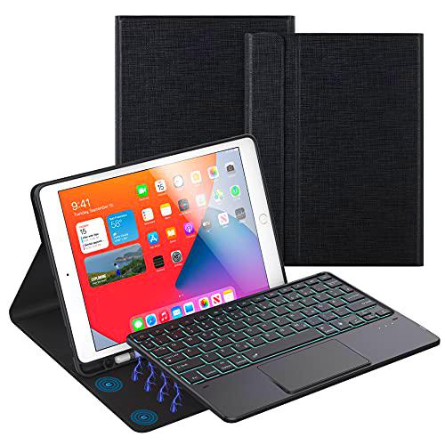 Funda con teclado para iPad 8/7 Generación Air 2020 [QWERTZ] [7 LED Iluminación ] [TouchPad &amp; Soporte para bolígrafo] Funda Folio para iPad 10.2 2020/2019 Funda para iPad Air 3 10.5 (Negro)