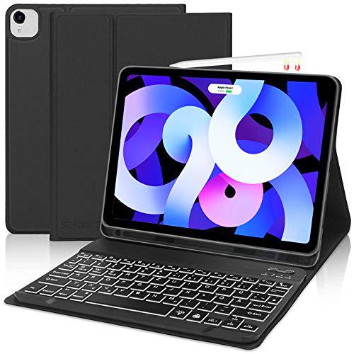 SENGBIRCH Funda con teclado compatible con iPad | Teclado Bluetooth (teclado retroiluminado en alemán) [Negro -Protectores aire 4 2020]